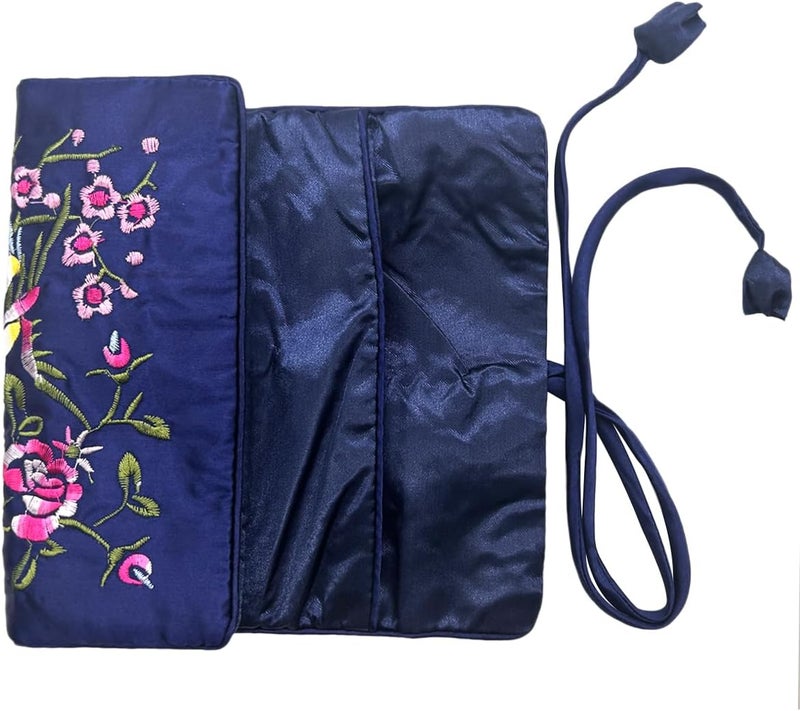 WEI LONG Jewelry Roll, Travel Jewelry Roll Bag,Silk Embroidery Brocade Jewelry Organizer Case with Tie Close (Blossom, Royal Blue) - Image 4